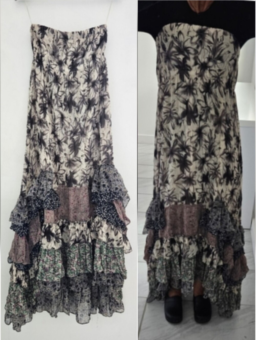Ryu Strapless Mixed Print Ruffeled Smocked Cascade Maxi Dress